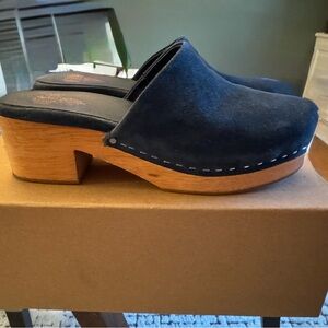Charlotte Stone Navy Suede Mules with Wooden Heel